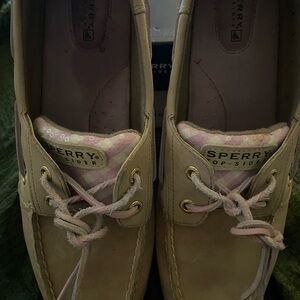 Sperry Tan Leather Boat Shoes with Pink Accents